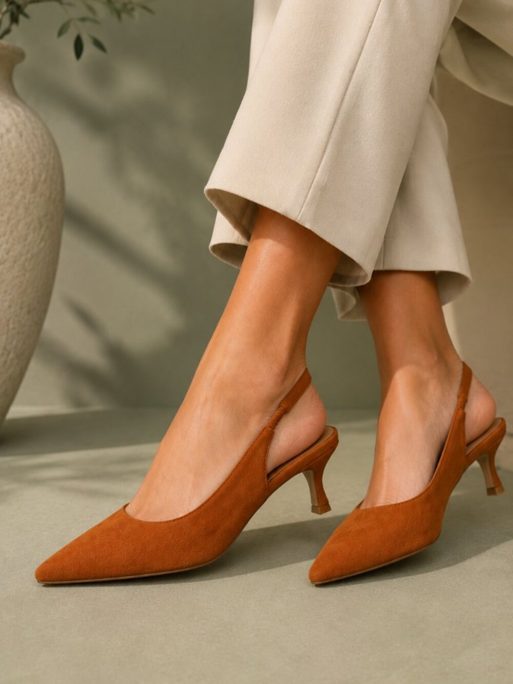 Women’s Suede Pointed Toe Elastic Slingback Pumps Kitten Heel Dress Shoes
